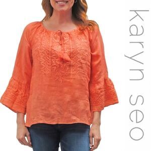 Karyn Seo Linen Woven Sonali Sun Coral Embroidered Tassel Detail Blouse Top